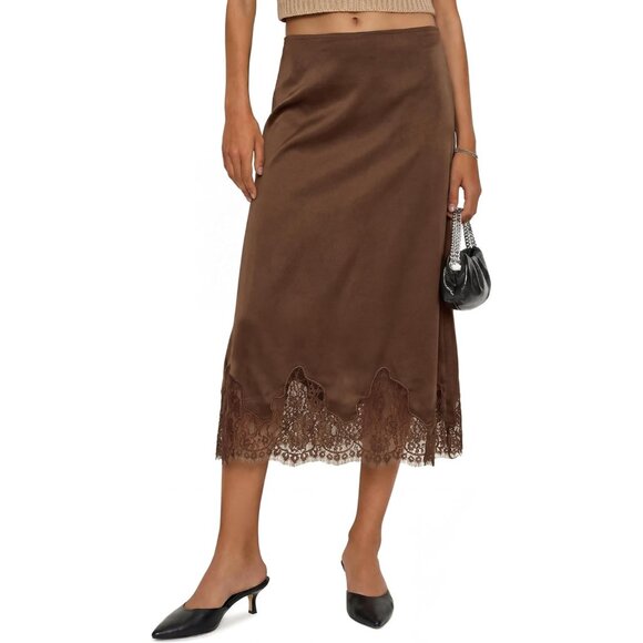 Women's Brown Silk Satin Lace Hem High Waisted A-Line Cocktail Outfit Midi Skirt